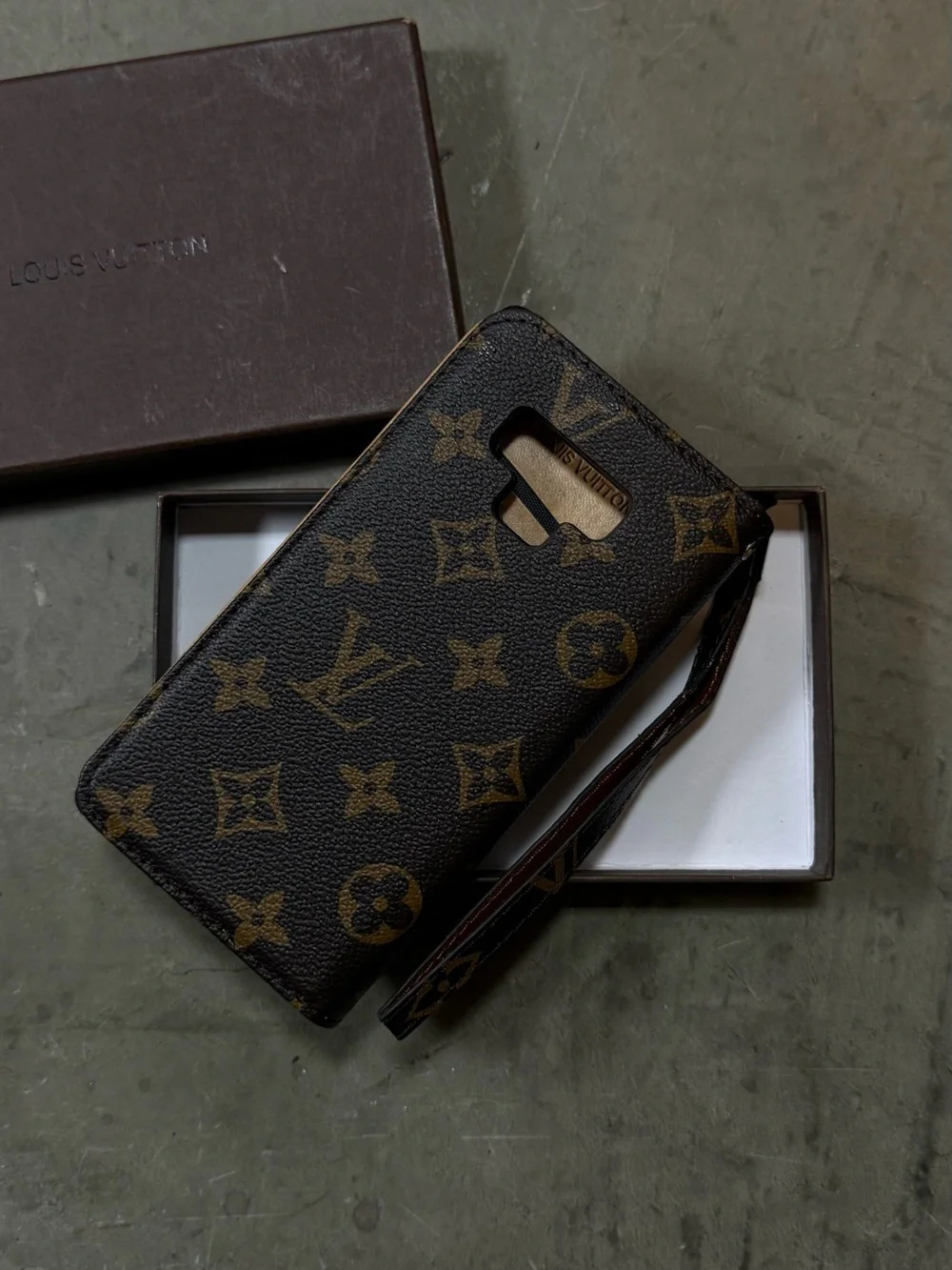 Louis Vuitton Monogram Style Wallet Phone Case Brown Folio Wrist Strap w/ Box